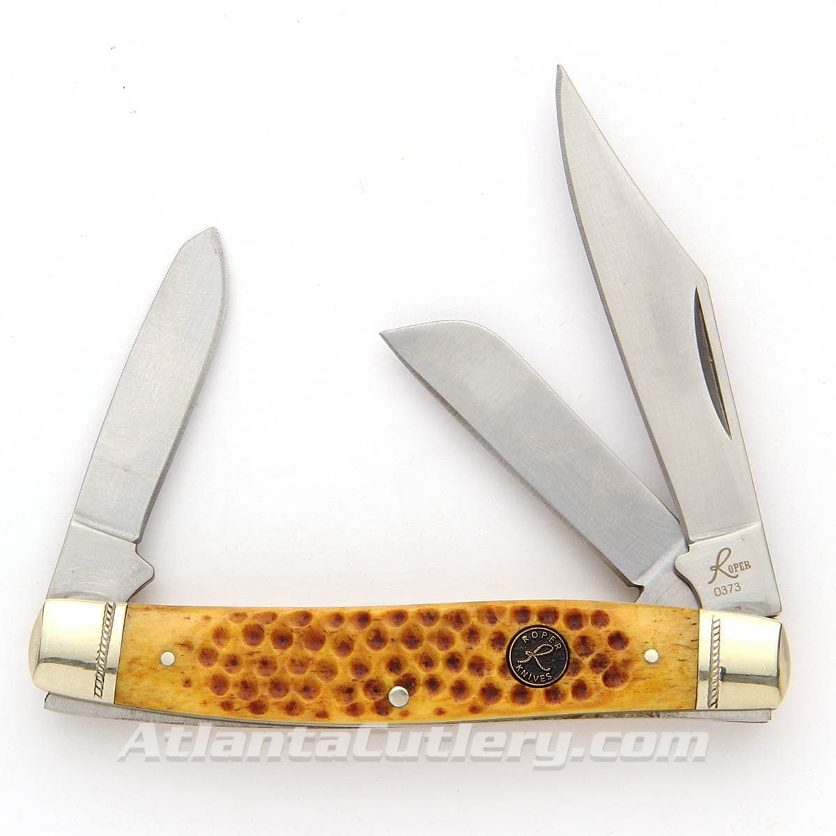 Roper pocket knife with 3 sharp 1065 carbon steel blades, real jigged bone scales, nickel silver bolsters and brass liners