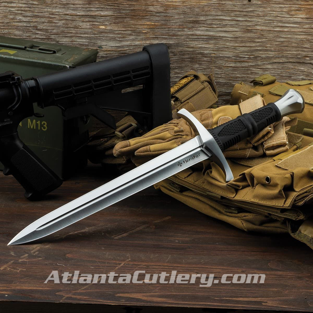 Honshu Crusader Quillon Dagger with sharp 1060 carbon steel blade, injection-molded TPR handle, cast 2Cr13 pommel and handguard