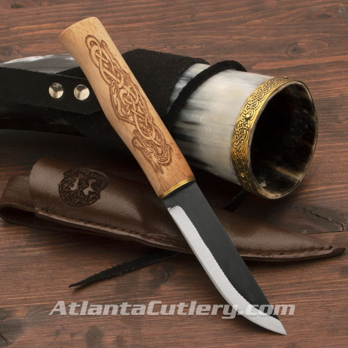 Midgard EDC Viking Knife with sharp high carbon steel blade, laser-etched wood grip and embossed leather belt sheath
