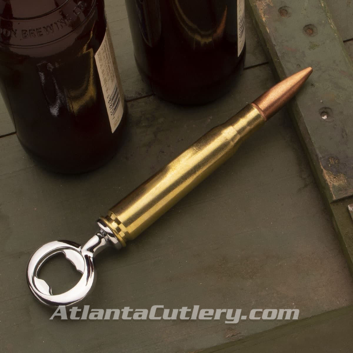 Made from a once-fired .50 caliber casing from US Department of Defense, this bullet bottle opener has a 5-1/2" shell casing 