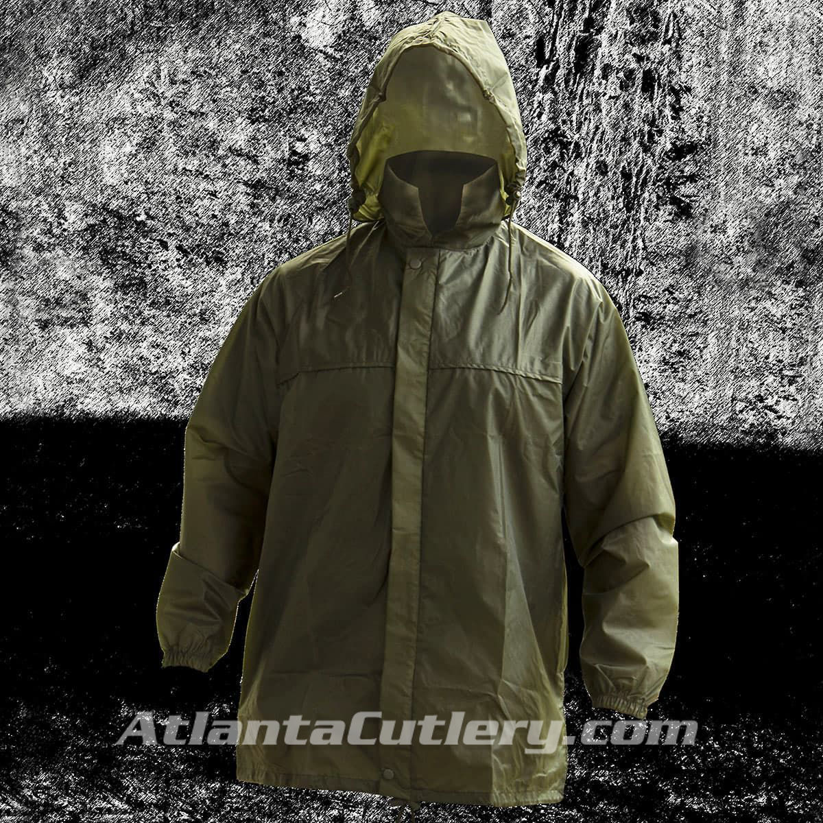 military surplus lightweight hooded jacket, rust-resistant nylon zipper with storm flap, elastic cuffs, drawstring waist, like new