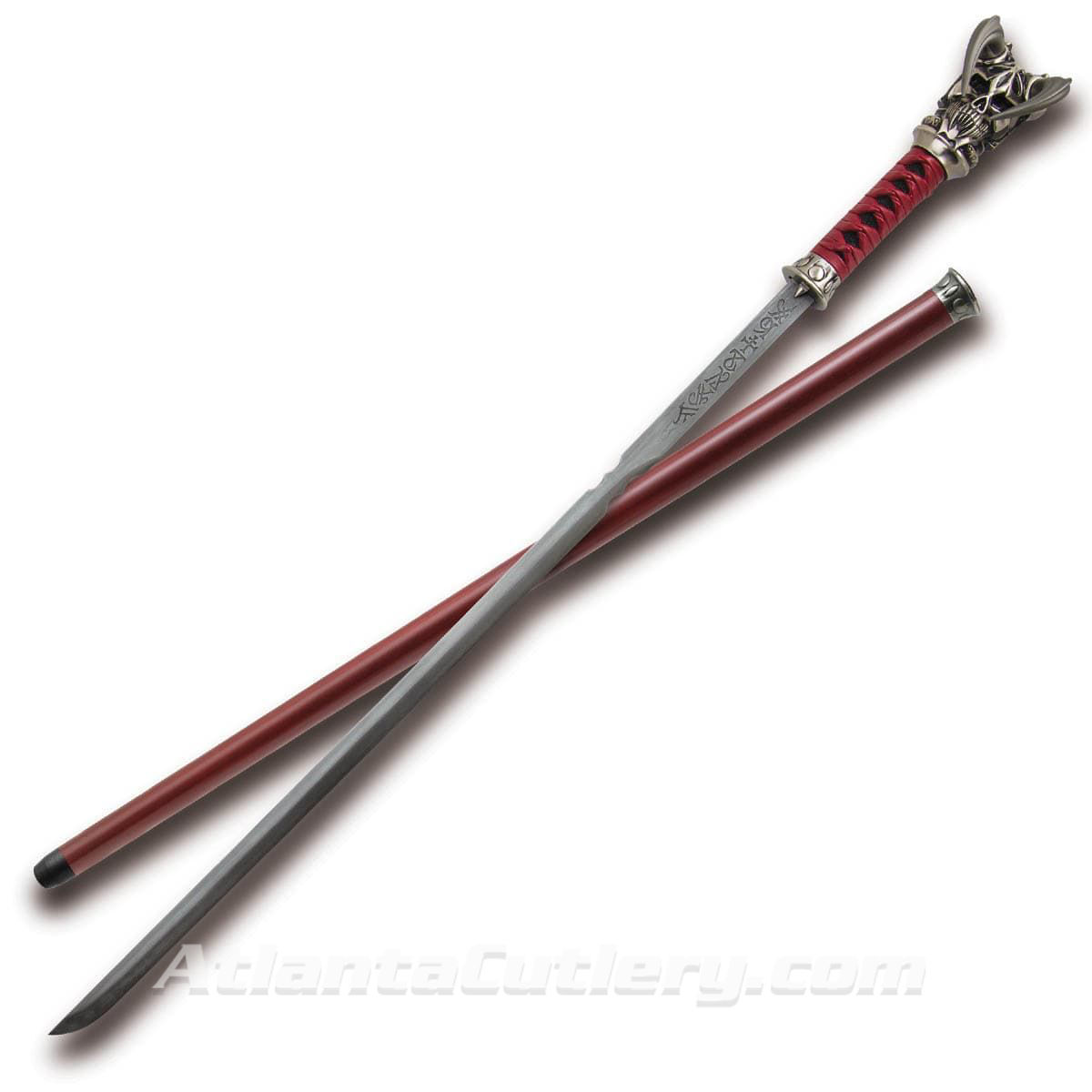 Kit Rae Vorthelok Sword Cane with folded Damascus blade, cast metal pommel and wood shaft