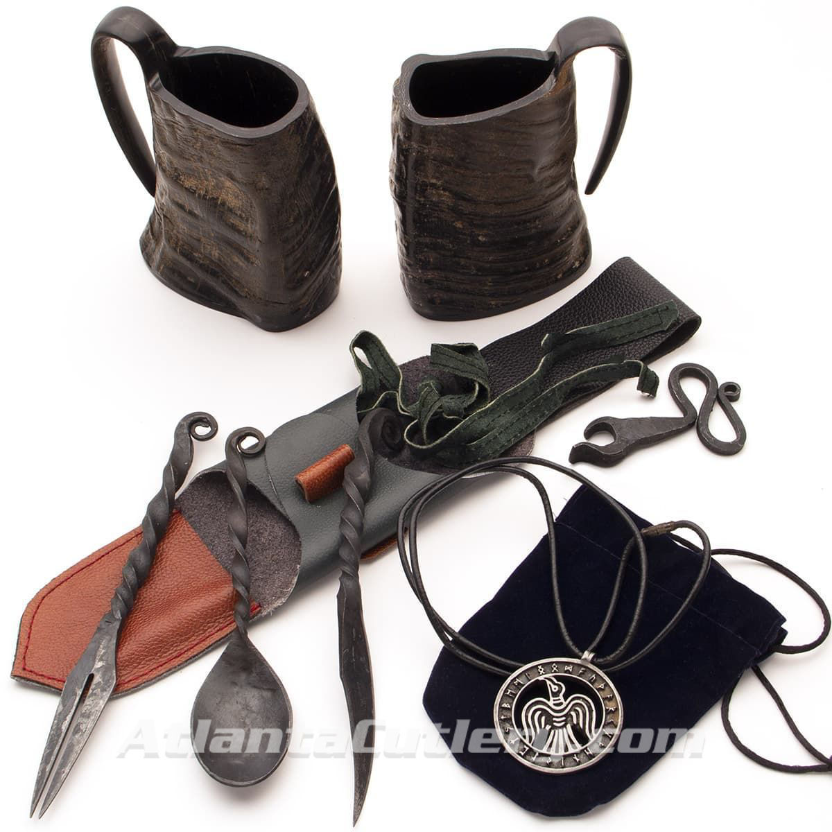 Viking Celebration Kit with 2 Horn Mugs, Feasting Utensils with Leather Belt Pouch, Iron Bottle Opener and Pewter Raven Pendant