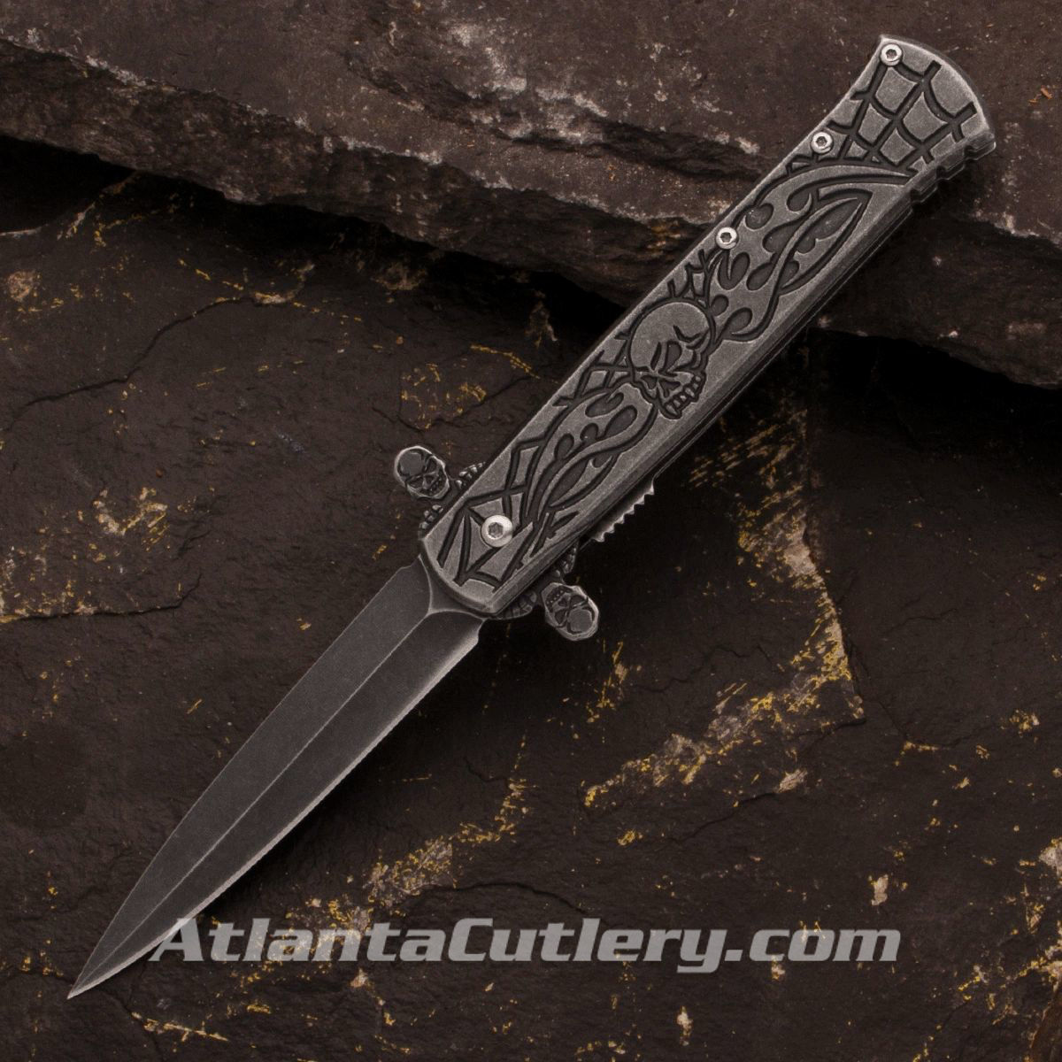 Gray Vampire Stiletto Style Pocket Knife has unique skull flippers, spiderwebs and flames on black oxide, stone-washed scales