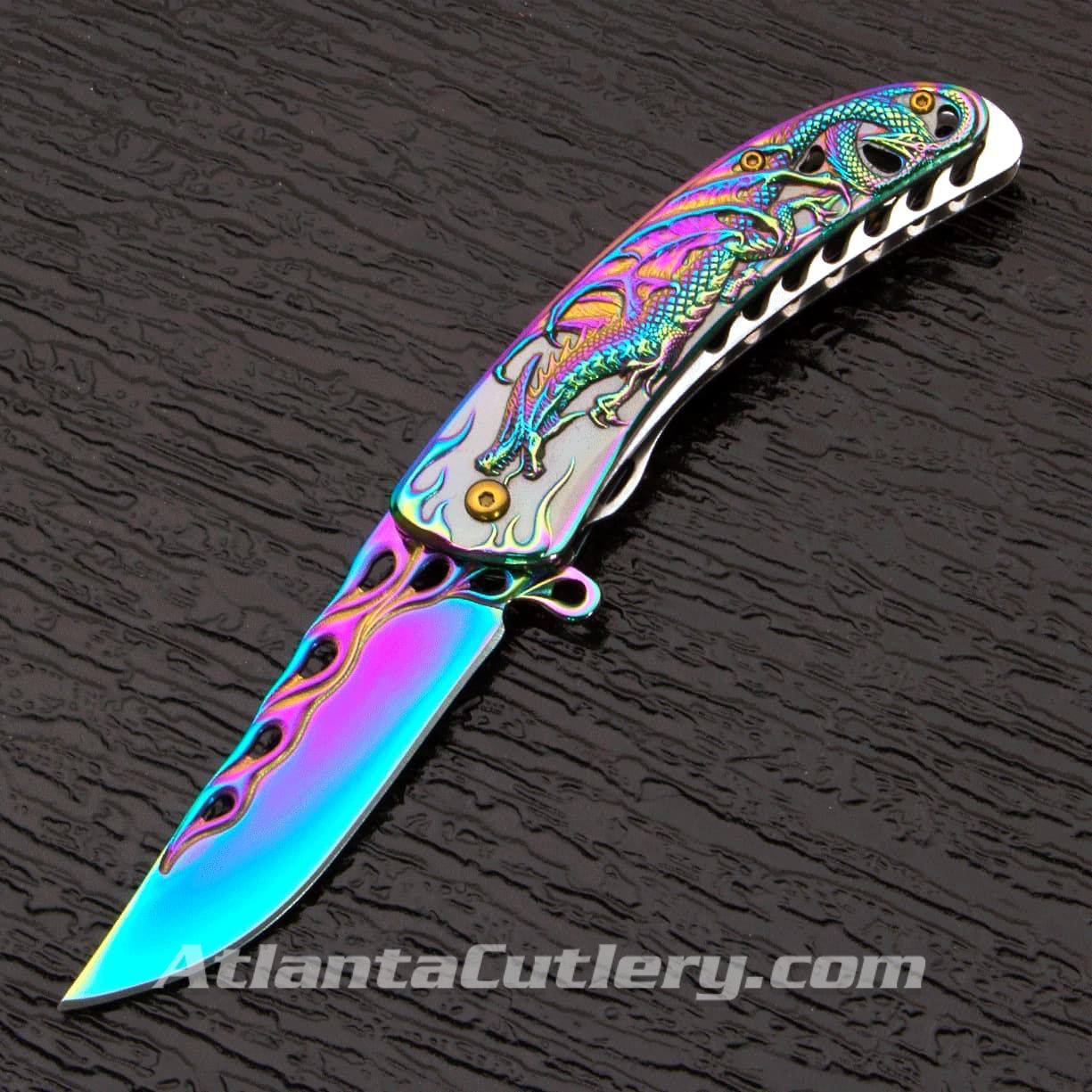 Rainbow Dragon Folder Pocket Knife has multi hued  titanium oxide coated stainless steel scales and blade