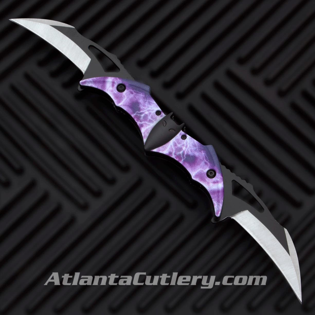 Bat-Tastic Double Folder Knife has two stainless steel scythe-shaped blades and wing shaped scales with purple lightning motif