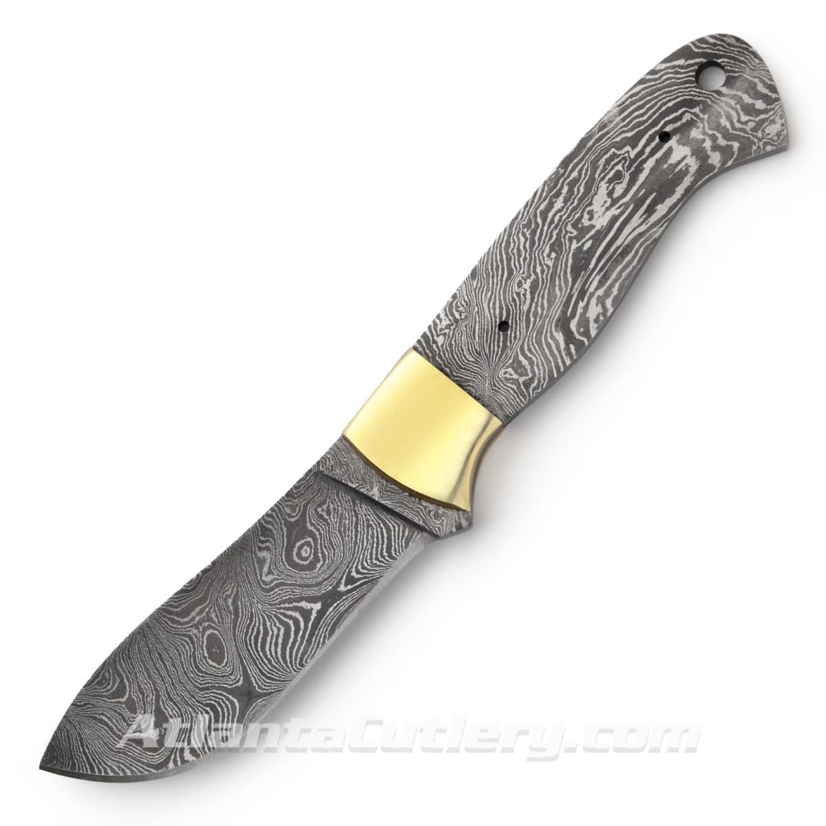 Pre-sharpened, full tang, etched Damascus wide-bellied skinner blade with attached brass bolsters is pre-drilled for 3/32" pins 