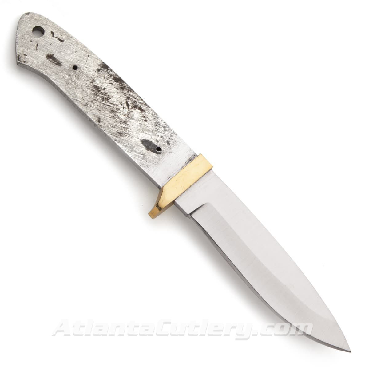 400 series stainless steel medium-length drop point blade with polished solid brass guard, pre-drilled full tang, sharp edge