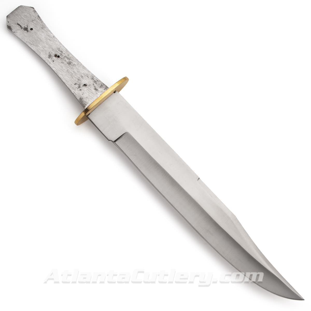 400 series stainless steel coffin handle clip point Bowie blade has polished solid brass guard, pre-drilled full tang, sharp edge