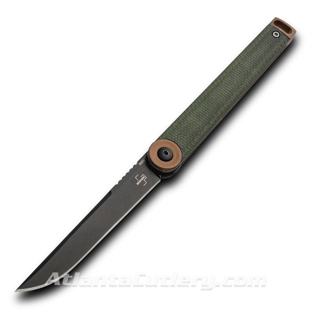 Boker Plus Kaizen with D2 steel blade, minimalist flipper, textured olive green micarta handle, pocket clip, nylon storage pouch