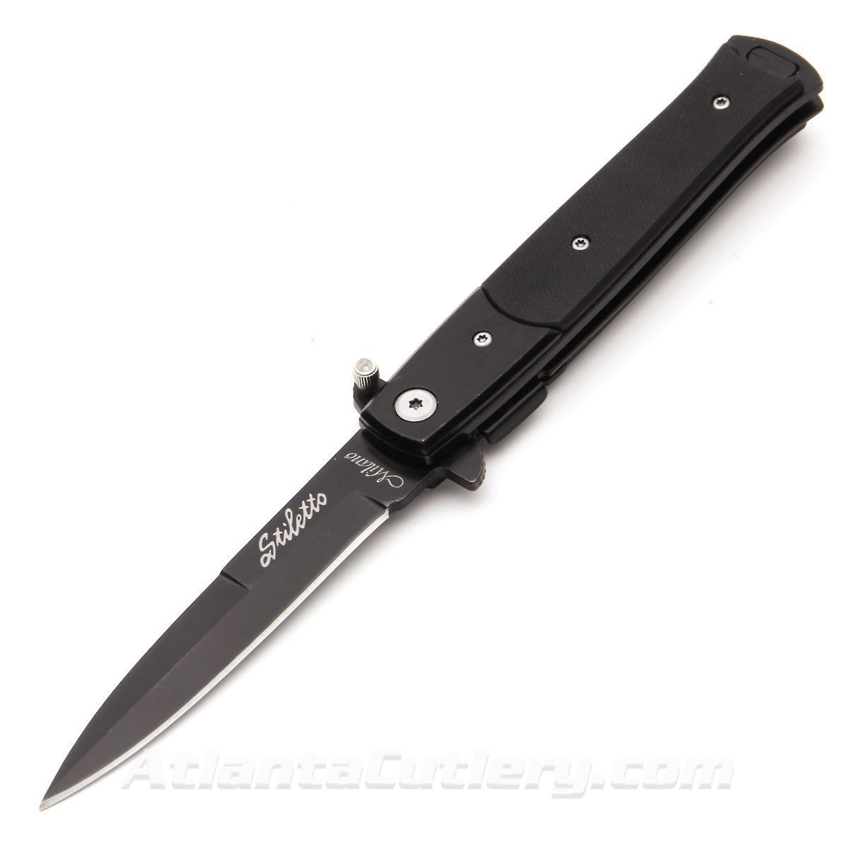 Practical Stiletto pocket knife with G10 scales, single edge 1045 steel blade, pocket clip, liner lock, thumb extension