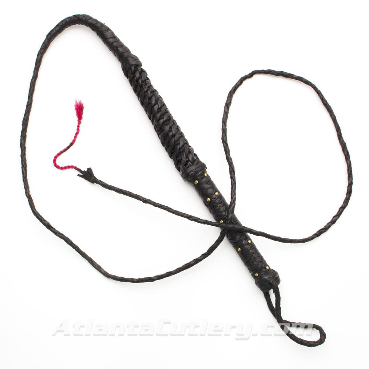 8 foot long leather bull whip at budget price is sturdy, has braided construction and a brass studded grip