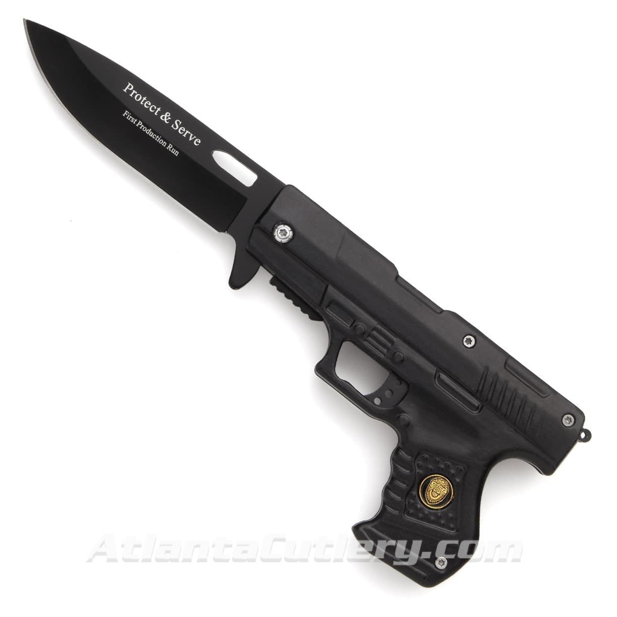 Police Pistol folding knife has cast steel handle, police force insignia inlay in grip and black stainless steel blade