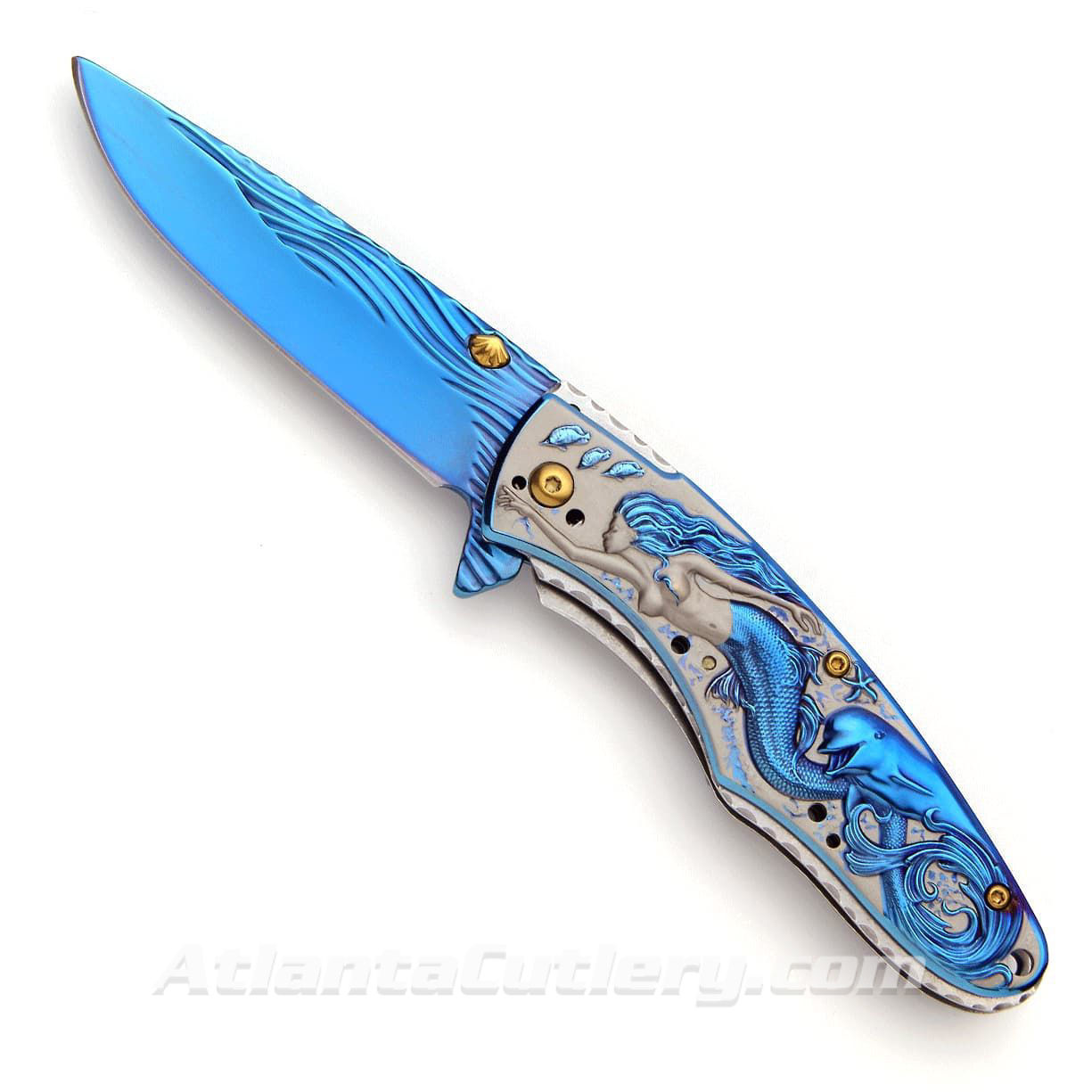Underwater Wonderland Swimming Mermaid Folder has anodized blue coating on the blade, jimped liners, wave patterns on stainless steel blade