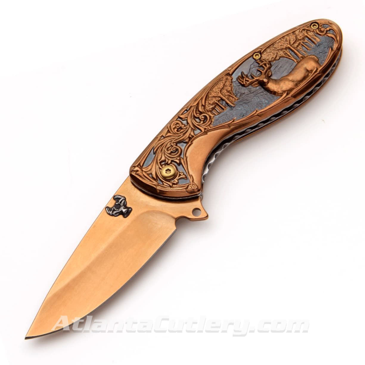 steel scales have relief with outdoor scene of a stag roaming the woods, scales and the stainless steel blade are bronzed