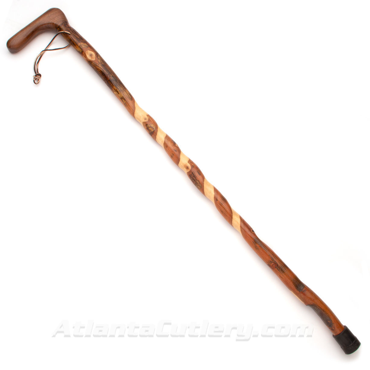 Whistle Creek Spiraled Hickory Cane made in USA is weatherproofed and has a leather wrist strap and a rubber tip