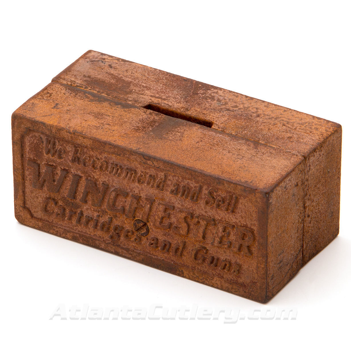 Each side of replica Winchester Cast Iron Bank has “We Recommend and Sell WINCHESTER Cartridges and Guns” in raised lettering