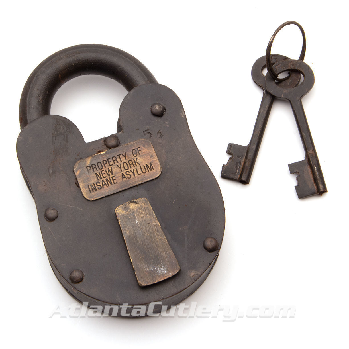 massive steel lock is fully functional with a badge “Property Of New York Insane Asylum” includes 2 keys similarly antiqued