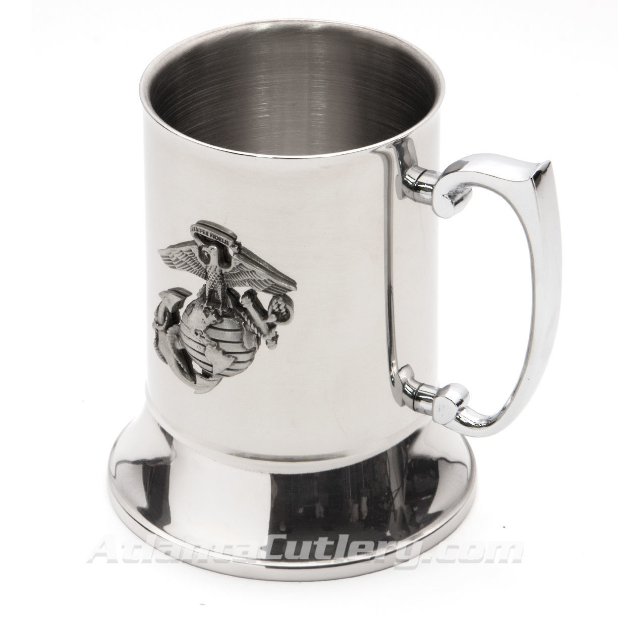 Stainless Steel Marine Corps Mug has Marine Corps emblem prominently and proudly attached on the side, large handle and base