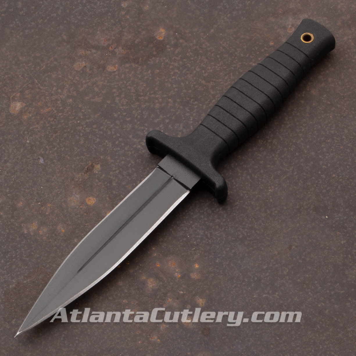 9" Combat Boot Knife with black handle and blade, black sheath with belt loop and spring loaded boot clip