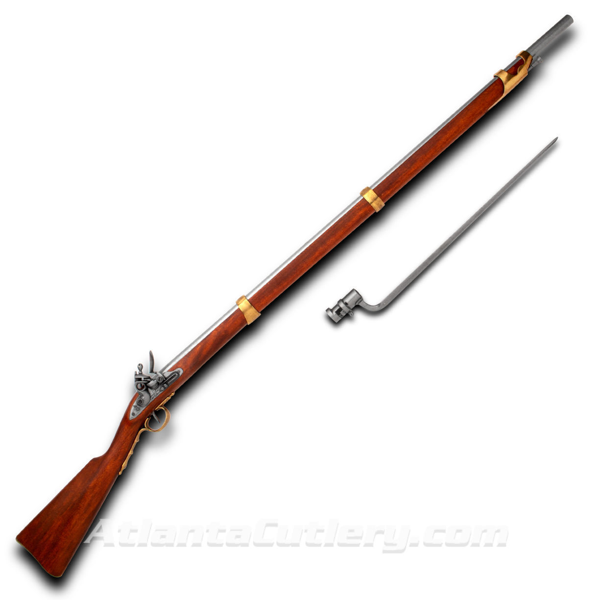 Colonial Era Charleville Musket Non-firing Replica includes a bayonet with a full-length wood stock with brass butt