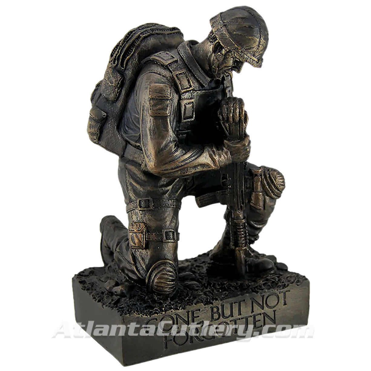 Kneeling soldier statue is resin with bronze finish, a fitting tribute for those who have lost loved ones in the service