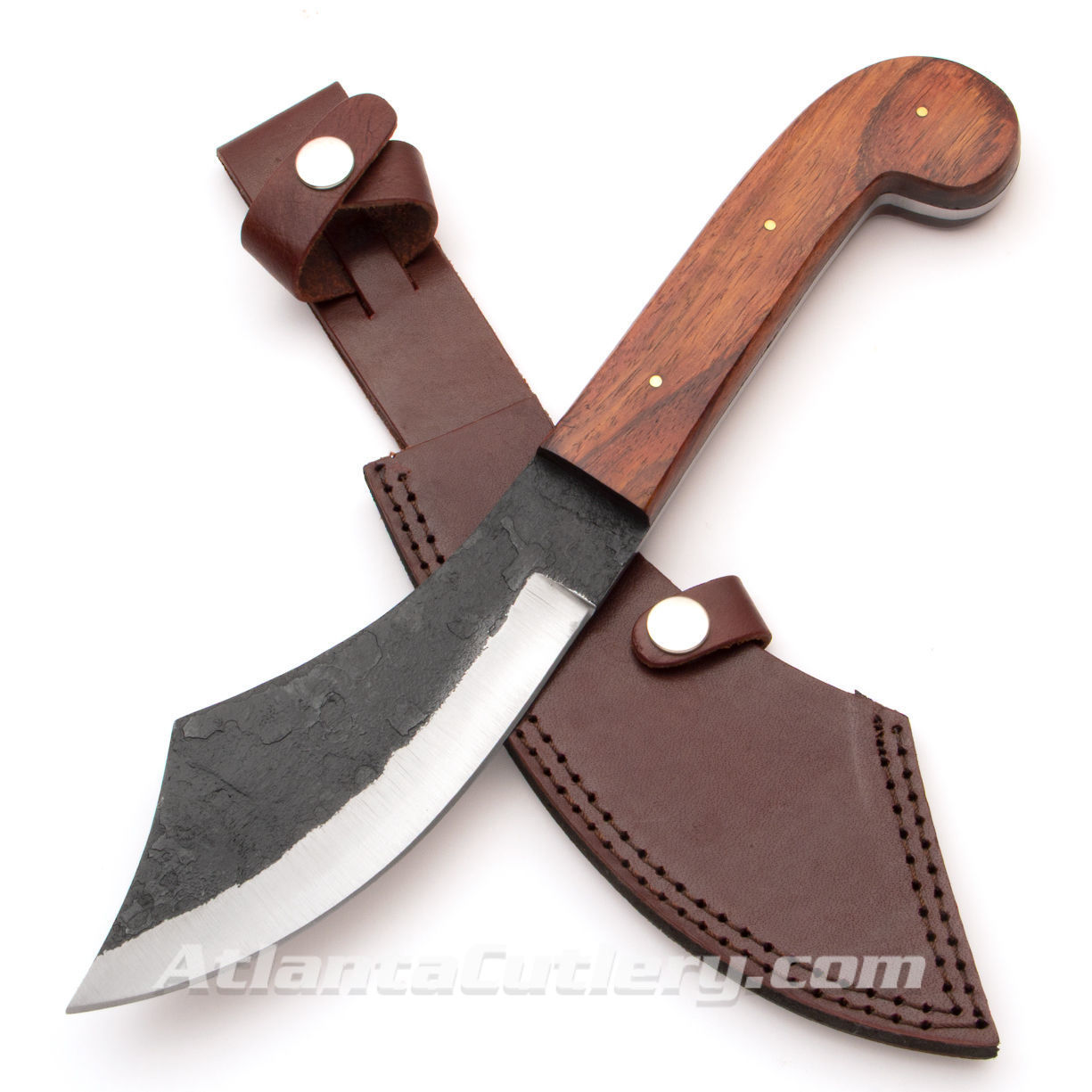 heavy duty short scimitar knife has full-tang carbon steel blade, hardwood grip with brass pins, and rough forged blade 