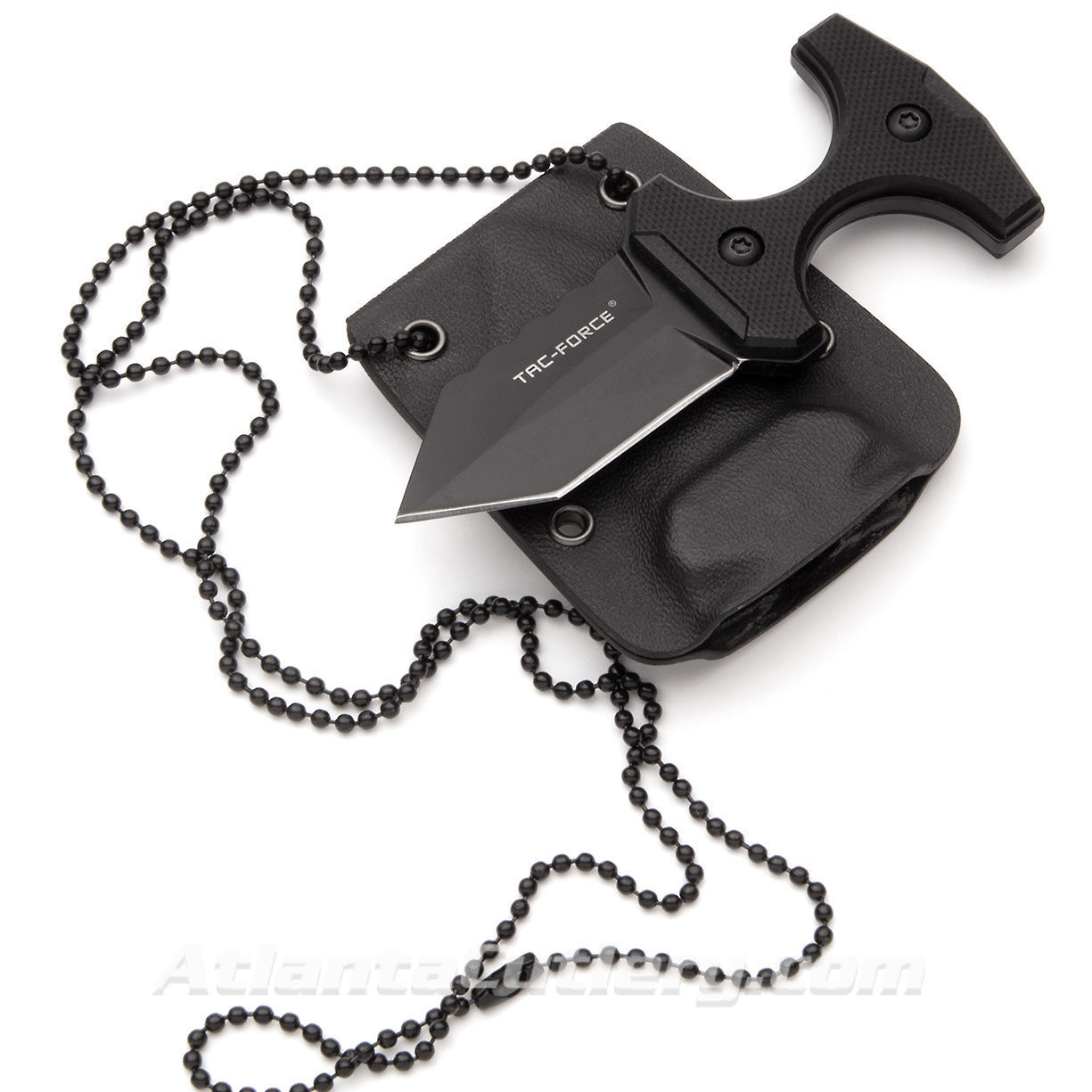 Tac Force Tactical Neck Knife with kydex sheath and ball chain, has full tang black blade and G10 handles