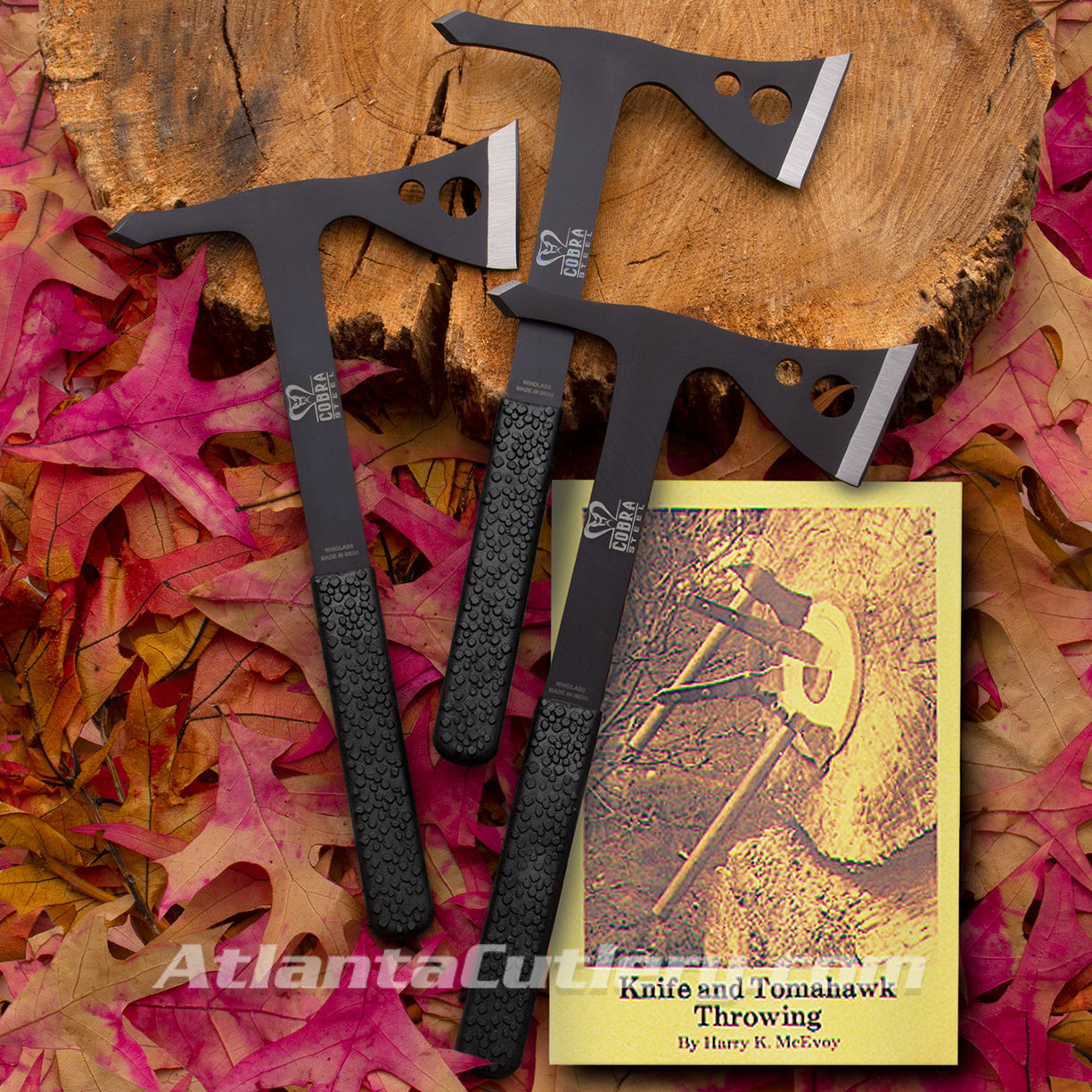 throwing axe kit includes set of 3 Cobra Steel throwing axes, a belt sheath and manual "Knife & Tomahawk Throwing" 