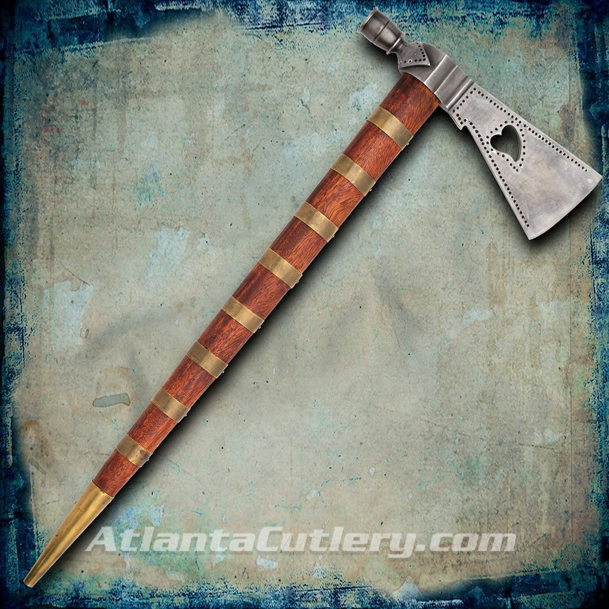 functional 1830’s Peace Pipe Tomahawk has high carbon steel head with weeping heart cut-out, wood handle with brass bands