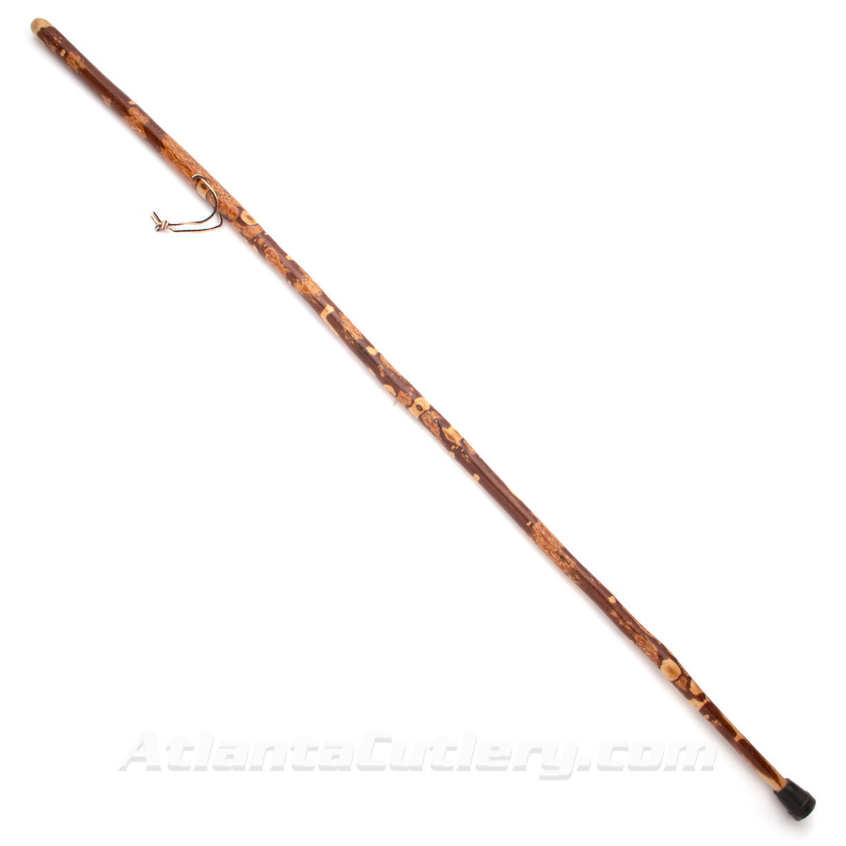 Whistle Creek Hiking Staff in variegated Sassafras with rubber tip and leather wrist strap,  Weatherproof finish. Made in USA