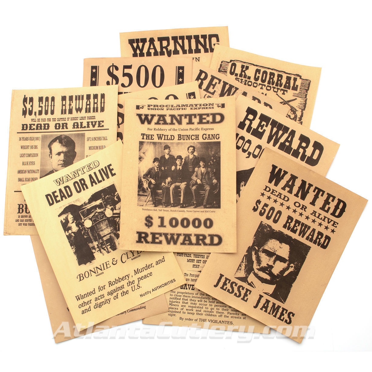 replica 12-poster set of historical wanted signs with Butch Cassidy, Jesse James, Sam & Belle Starr,  Bonnie and Clyde and more