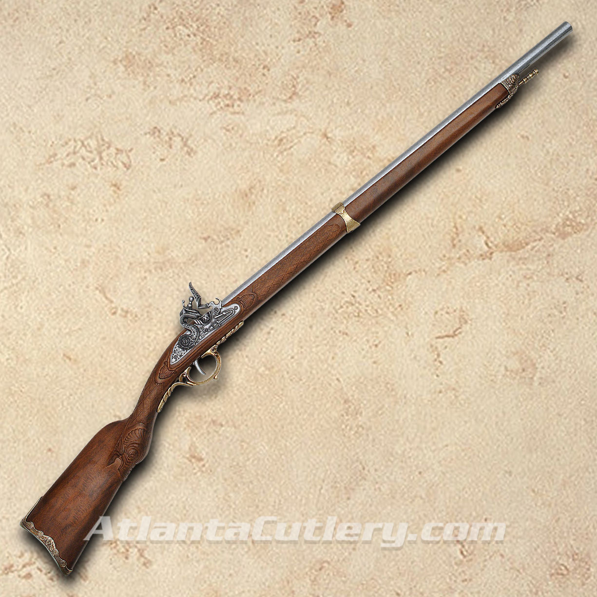 Replica non firing Napoleon Flintlock Rifle has sculpted wooden stock, intricate cast metal, parts move and trigger pulls