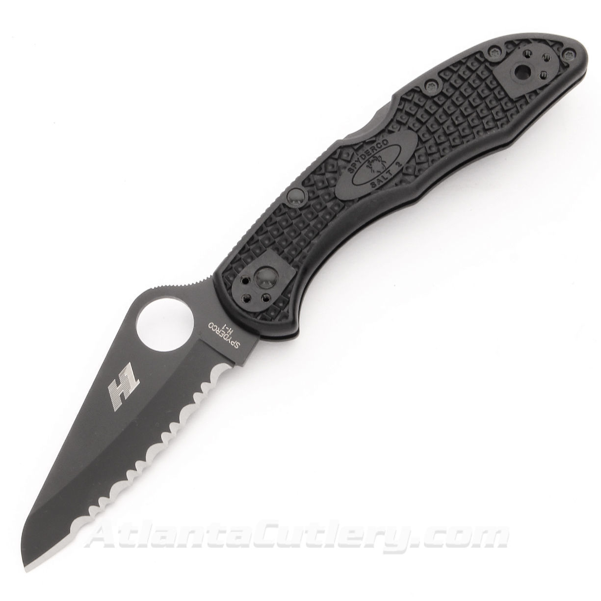 lightweight Spyderco Salt 2 tactical knife has serrated H-1 steel with non-reflective coating, ambidextrous, one-handed opening