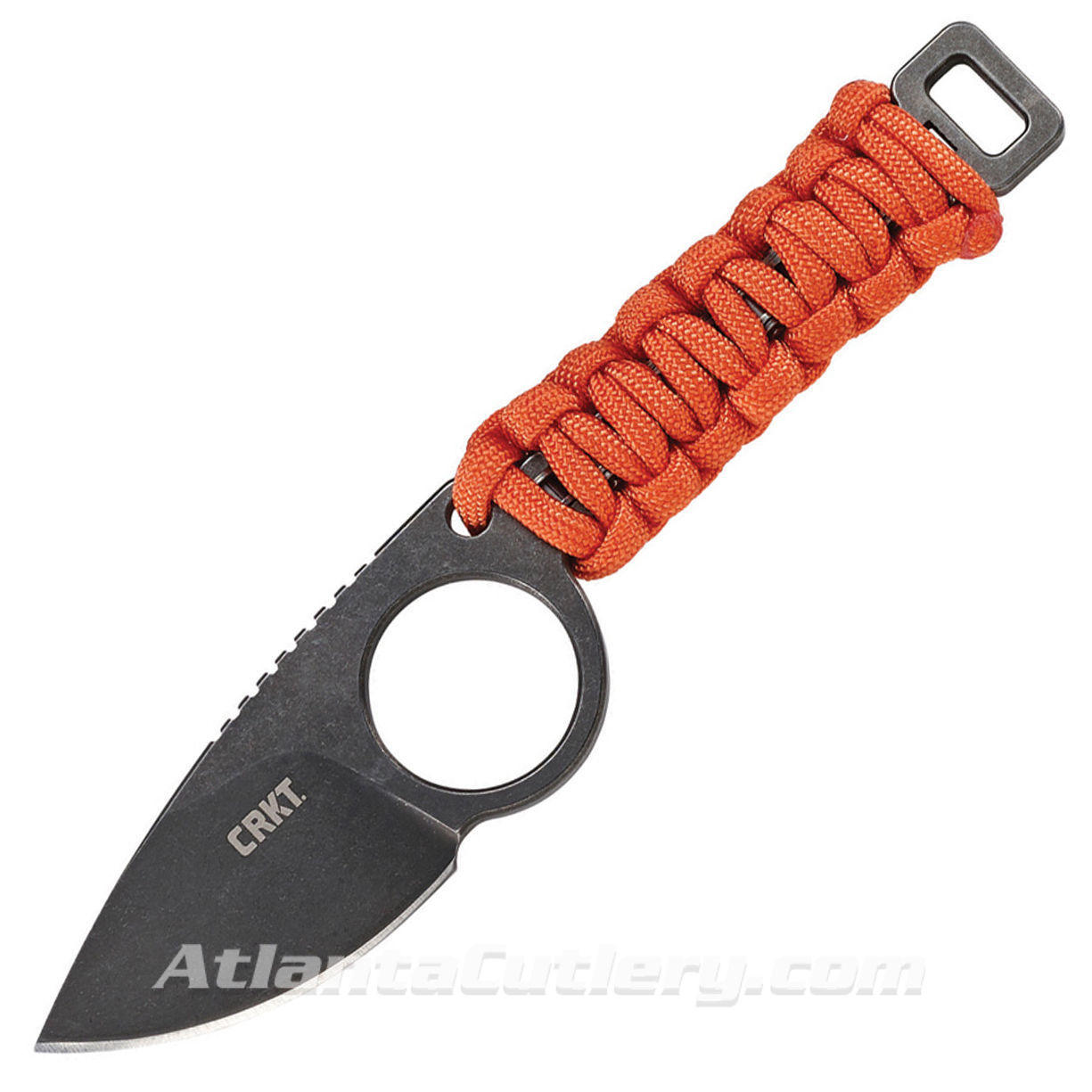 CRKT Tailbone Fixed Blade neck knife has drop point blade, flexible paracord-wrapped handle and injection-molded sheath