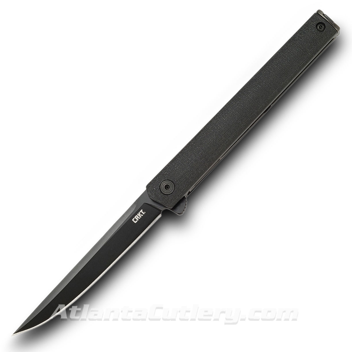 low-profile CEO Linerlock Blackout Flipper has a prominent flipper, lubed ball bearings, satin finished stainless steel blade