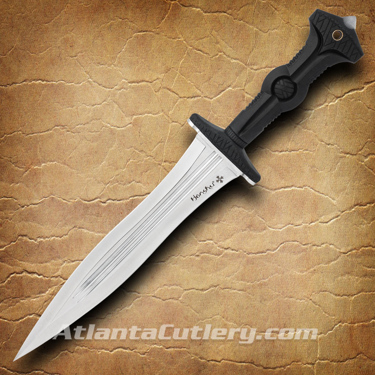 Honshu Legionary Dagger sharp double-edged blade has double fullers, a sharp point, molded TPR handle, skull crusher pommel
