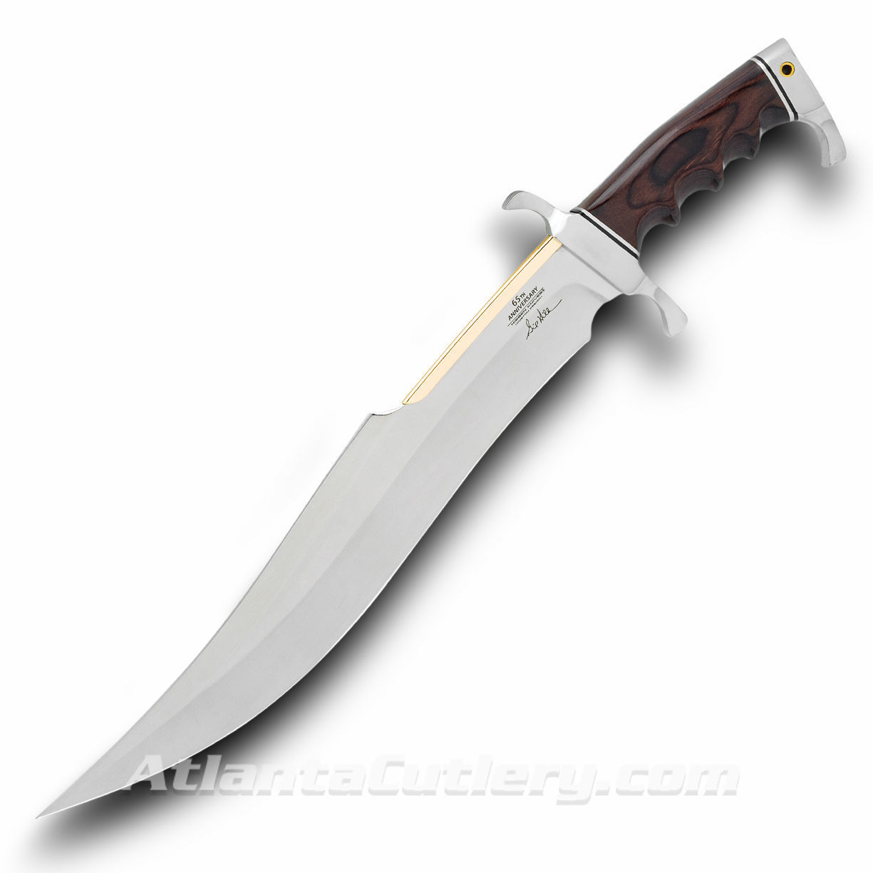 Gil Hibben 65th Anniversary Spartan Bowie has stainless steel upswept blade, Pakkawood handle, includes wooden display stand