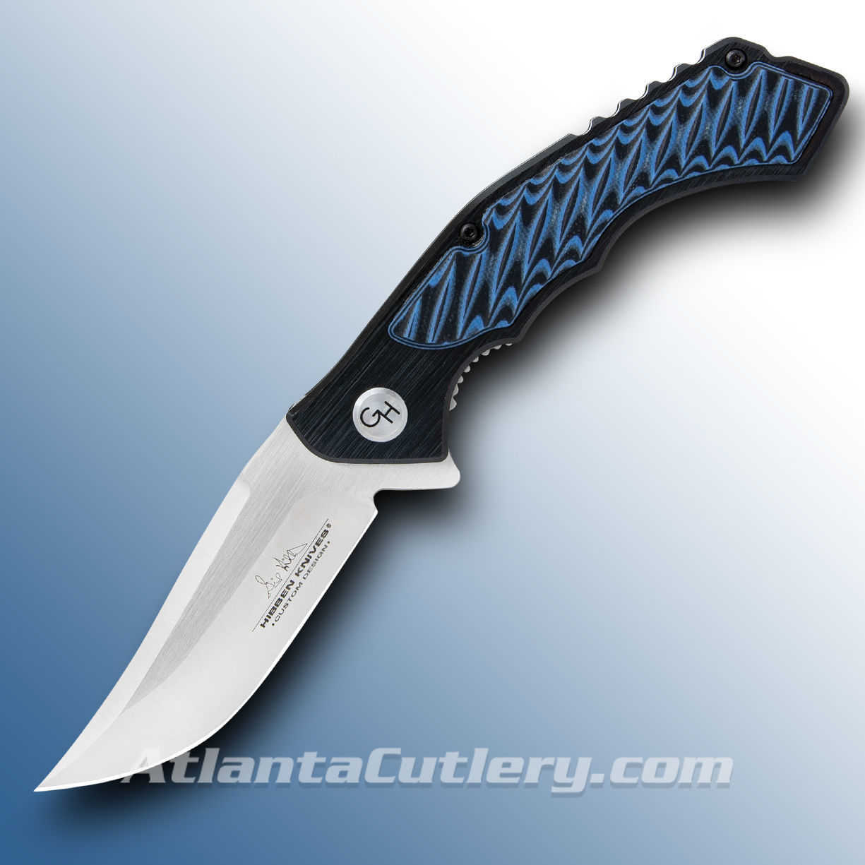 Gil Hibben Whirlwind Blue pocket knife has layered G10 scales, ball bearing blade pivot mechanism, 7Cr17 stainless steel blade