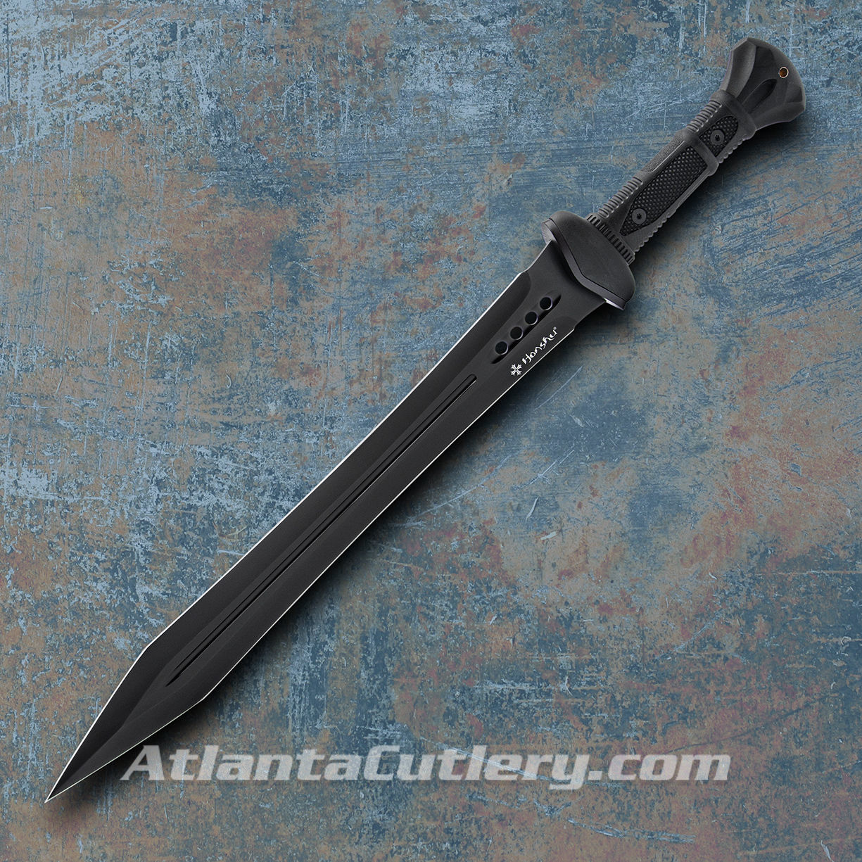 Honshu Midnight Forge Gladiator Sword with full tang black stainless steel blade, textured slip free grip and leather sheath 