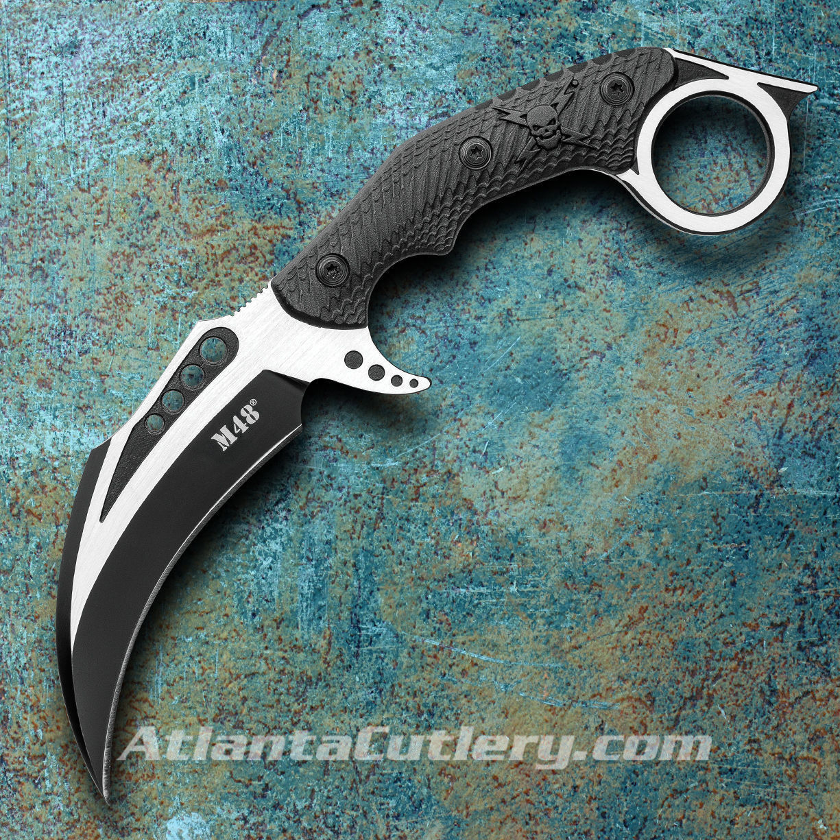 stainless steel blade on M48 Liberator Falcon Karambit has black oxide coating, satin finish accents, weight-reducing holes