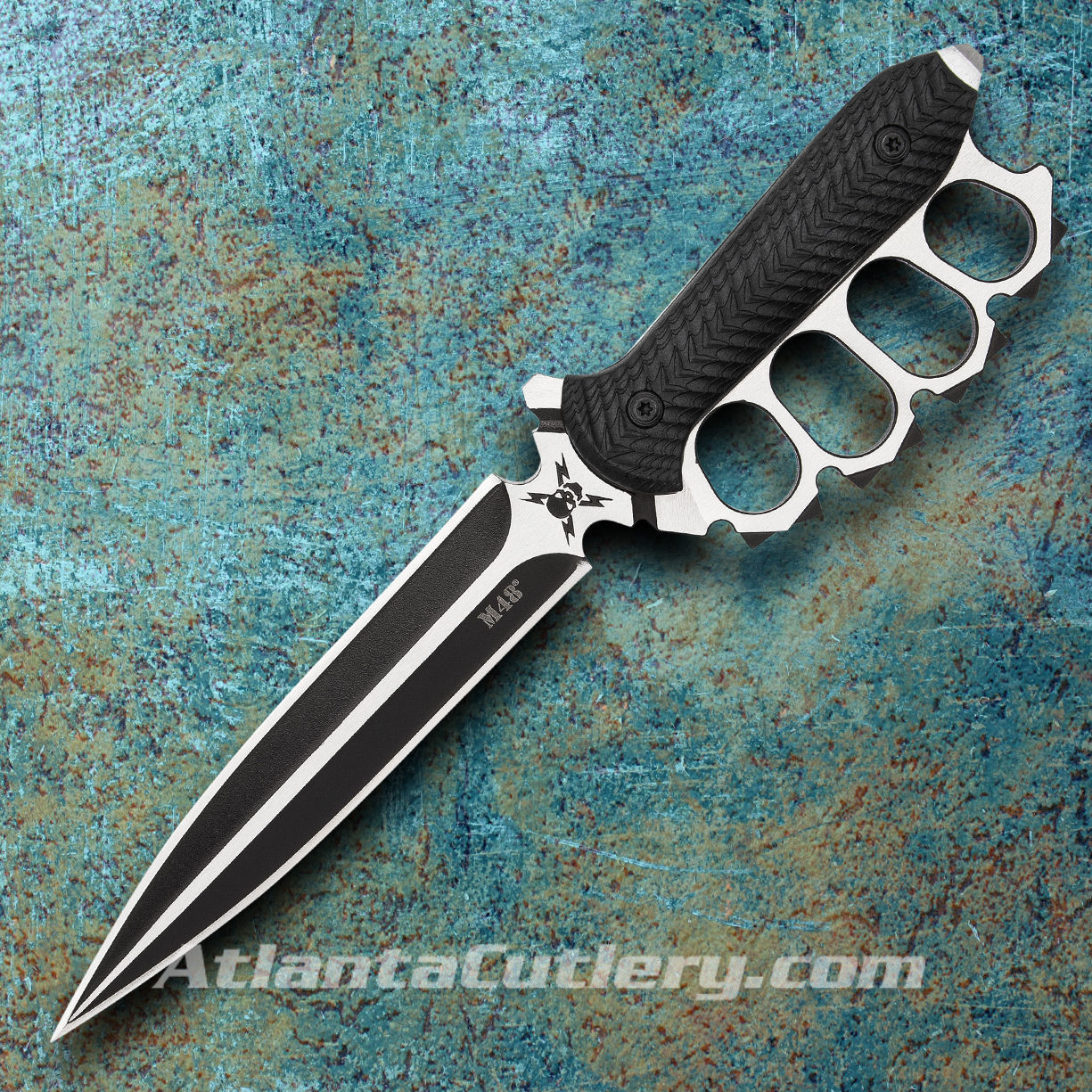 M48 Liberator Trench Knife with knuckle buster handle, sharp full tang blade and belt sheath with snap closure strap