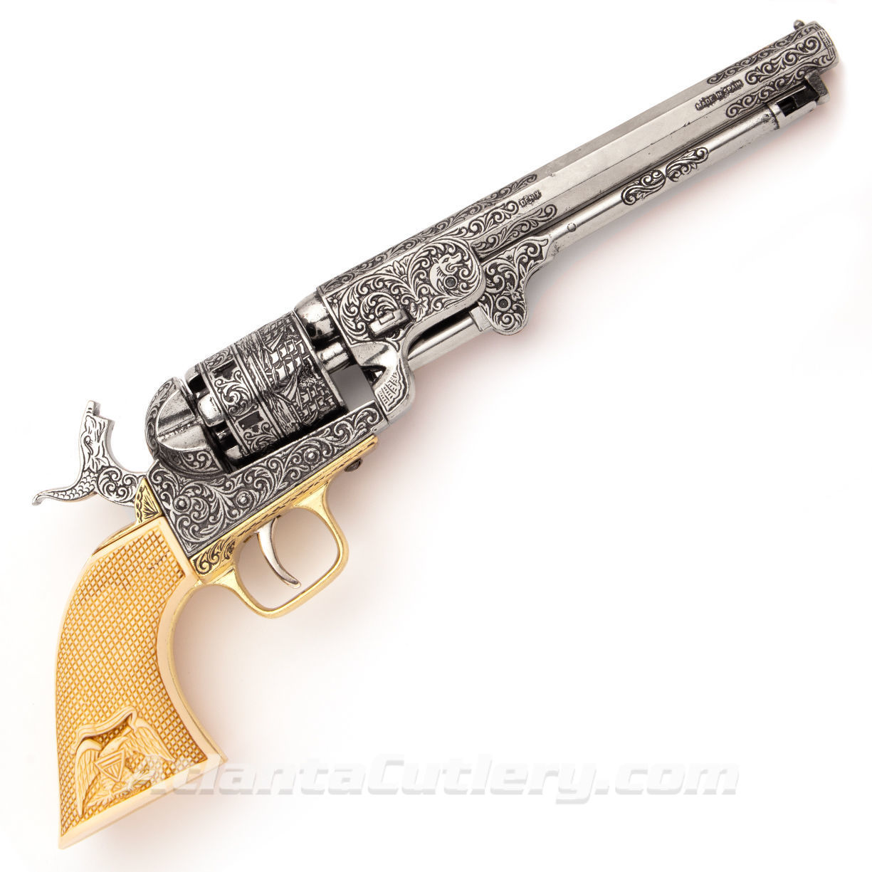non-firing replica 1851 Civil War Revolver has working loading lever, faux ivory grips, engraving on frame and barrel 