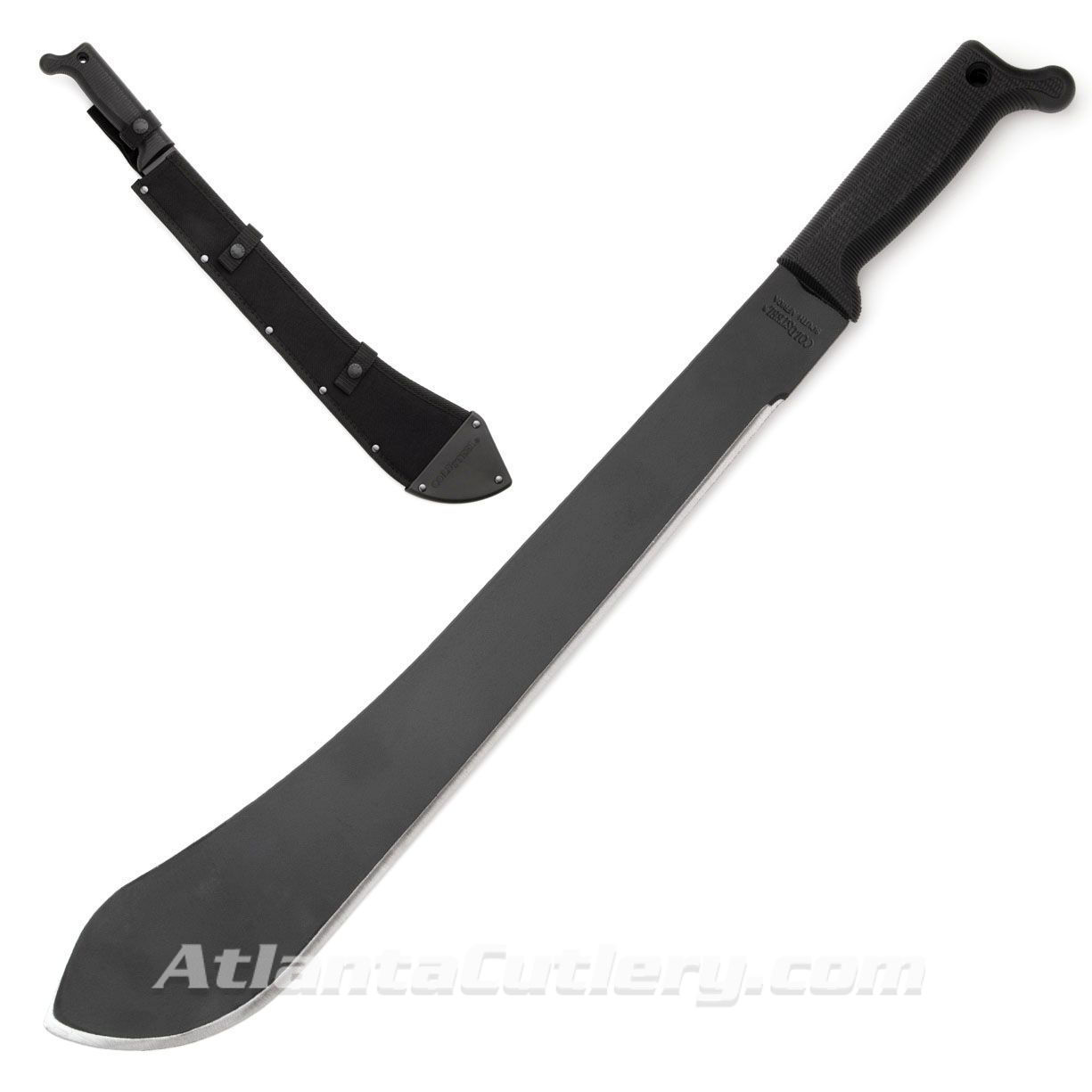 Cold Steel Bolo Machete has sharp high carbon steel blade, polypropylene handle for secure grip, includes sheath 