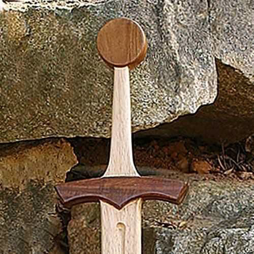 One-handed Medieval practice sword is handcrafted in solid hardwood, with contrasting wood guard and pommel