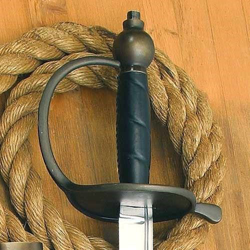 Pirate Captain's Hanger sword has sharp high carbon steel blade, antiqued brass steel hilt, includes leather scabbard
