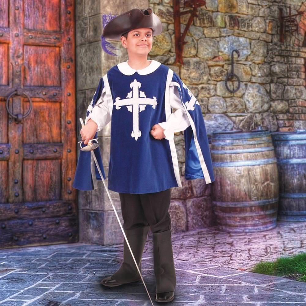blue cotton velvet young boys musketeer tabard, lined with satin and embroidered silver fleur-de-lis cross on front and sleeves