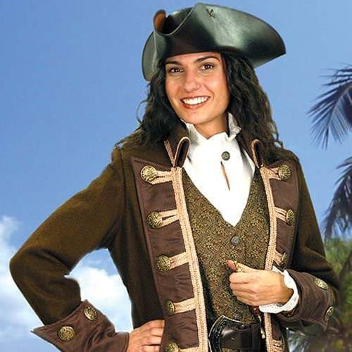 Mary Read ladies open front pirate coat is wool-blend with ultra-suede collar, lapel, and cuffs, rich trim, antique gold buttons