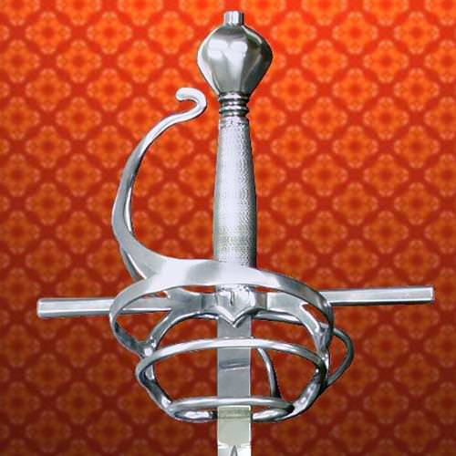 Swept Hilt rapier has faceted pommel, the grip is hand wound with silver plated wire with woven wire rings top and bottom