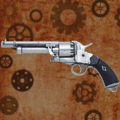 Le Mat Non Firing revolver features working single action loading lever and simulated checkered ebony wood grips